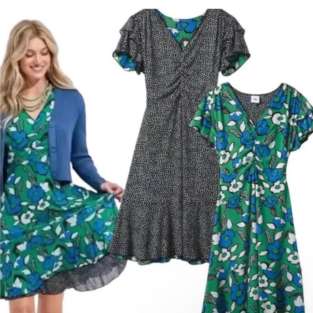 Cabi Celebrate Dress Reversible Floral Polka Dot Dress RARE XL 6148 Knee Length